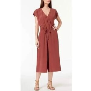 Eileen Fisher Wrap V Neck Drawstring Jumpsuit Rust Orange Fall Summer Large